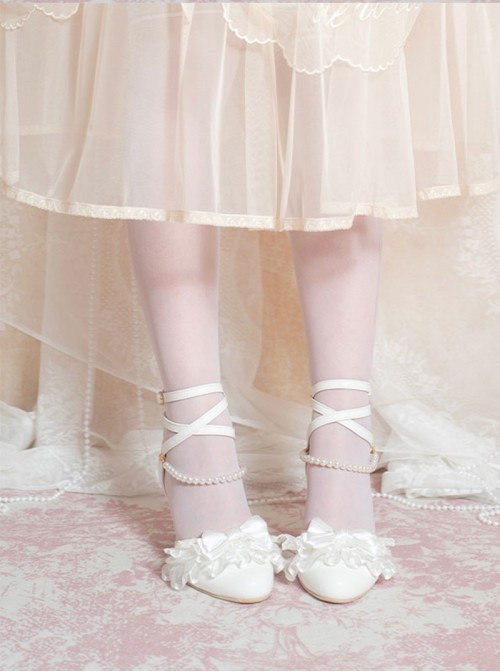 Summer Breeze Series Classic Lolita Elegant Sweet Lace Pearl Chain Bow Pointed Toe Mid Heel Sandals