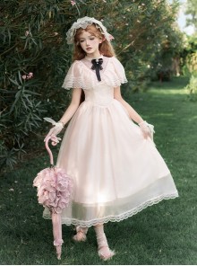 Morning Mist Manor Series Classic Lolita Sweet Elegant Edwardian Collar Ruffle Short Sleeve Tulle Lace Long Dress