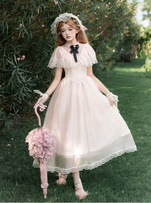 Morning Mist Manor Series Classic Lolita Sweet Elegant Edwardian Collar Ruffle Short Sleeve Tulle Lace Long Dress