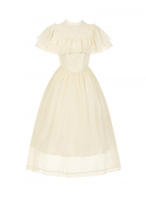 Morning Mist Manor Series Classic Lolita Sweet Elegant Edwardian Collar Ruffle Short Sleeve Tulle Lace Long Dress