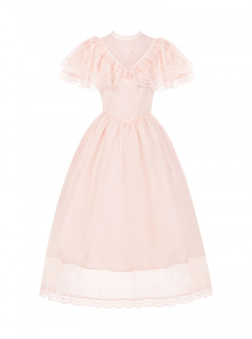 Morning Mist Manor Series Classic Lolita Sweet Elegant Edwardian Collar Ruffle Short Sleeve Tulle Lace Long Dress