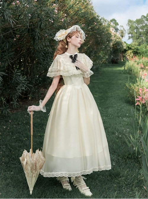 Morning Mist Manor Series Classic Lolita Sweet Elegant Edwardian Collar Ruffle Short Sleeve Tulle Lace Long Dress