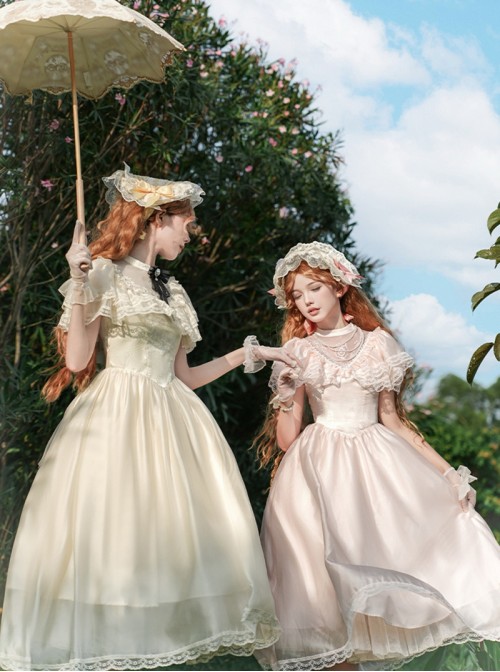 Morning Mist Manor Series Classic Lolita Sweet Elegant Edwardian Collar Ruffle Short Sleeve Tulle Lace Long Dress