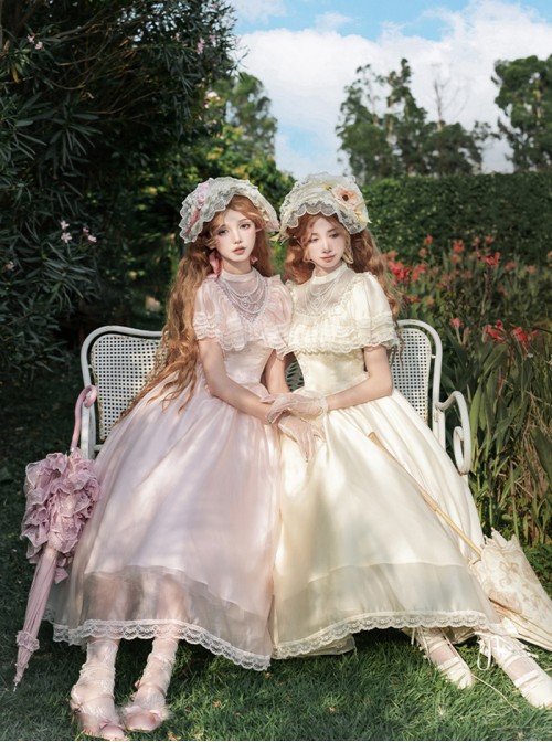 Morning Mist Manor Series Classic Lolita Sweet Elegant Edwardian Collar Ruffle Short Sleeve Tulle Lace Long Dress