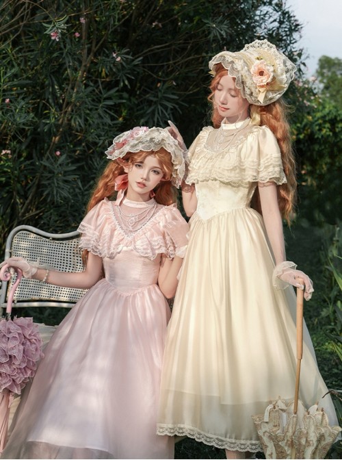 Morning Mist Manor Series Classic Lolita Sweet Elegant Edwardian Collar Ruffle Short Sleeve Tulle Lace Long Dress