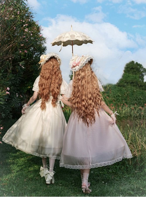 Morning Mist Manor Series Classic Lolita Sweet Elegant Edwardian Collar Ruffle Short Sleeve Tulle Lace Long Dress
