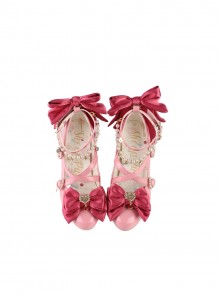 Witch Key Series Sweet Lolita Elegant Satin Large Bowknot Pearl Chain Pointed Toe High Heel Shoes