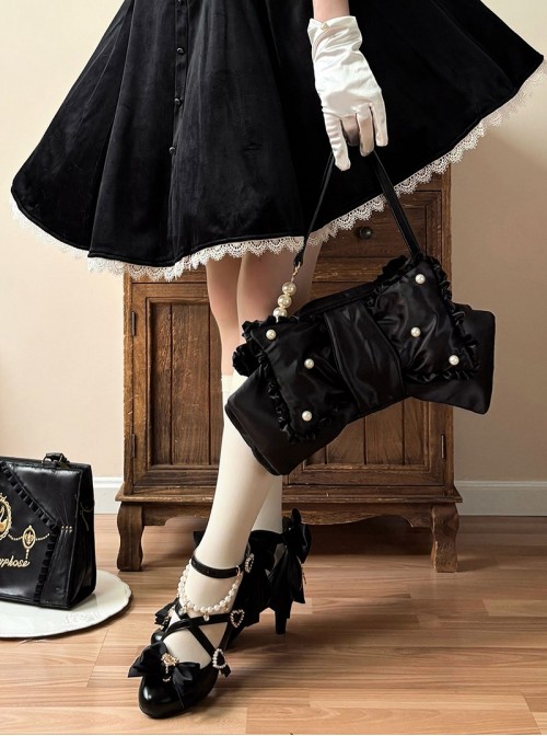 Witch Key Series Sweet Lolita Elegant Satin Large Bowknot Pearl Chain Pointed Toe High Heel Shoes