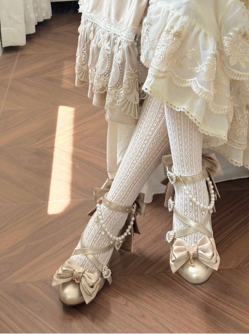 Witch Key Series Sweet Lolita Elegant Satin Large Bowknot Pearl Chain Pointed Toe High Heel Shoes