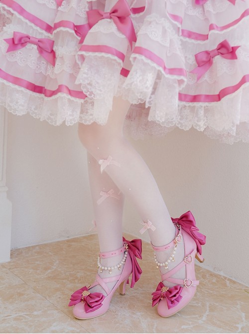 Witch Key Series Sweet Lolita Elegant Satin Large Bowknot Pearl Chain Pointed Toe High Heel Shoes
