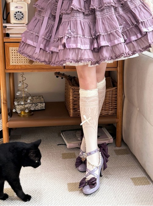Witch Key Series Sweet Lolita Elegant Satin Large Bowknot Pearl Chain Pointed Toe High Heel Shoes
