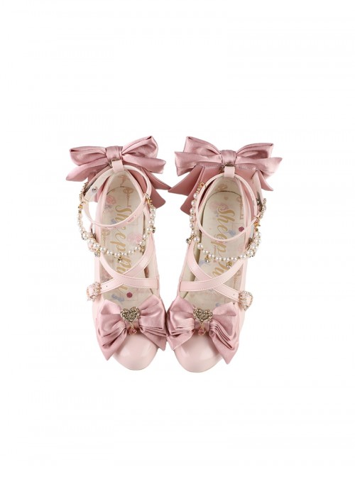 Witch Key Series Sweet Lolita Elegant Satin Large Bowknot Pearl Chain Pointed Toe High Heel Shoes