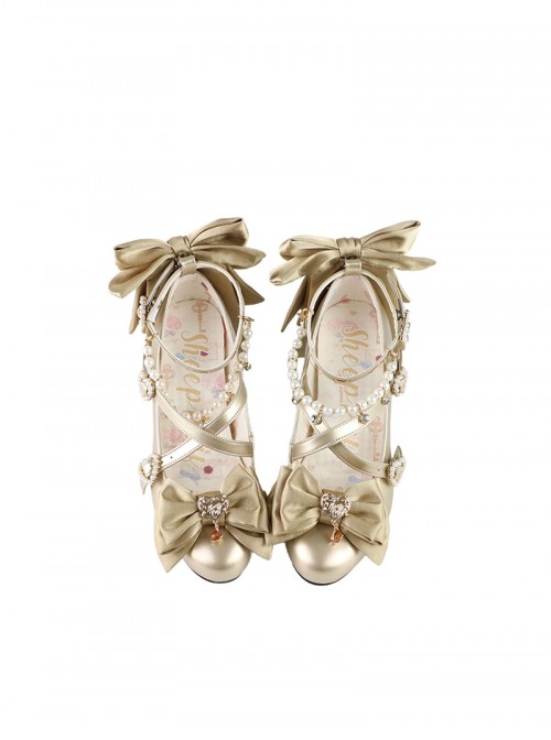 Witch Key Series Sweet Lolita Elegant Satin Large Bowknot Pearl Chain Pointed Toe High Heel Shoes