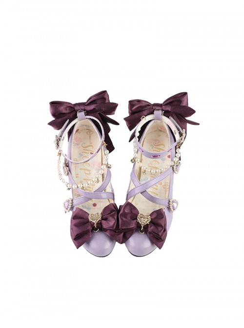 Witch Key Series Sweet Lolita Elegant Satin Large Bowknot Pearl Chain Pointed Toe High Heel Shoes
