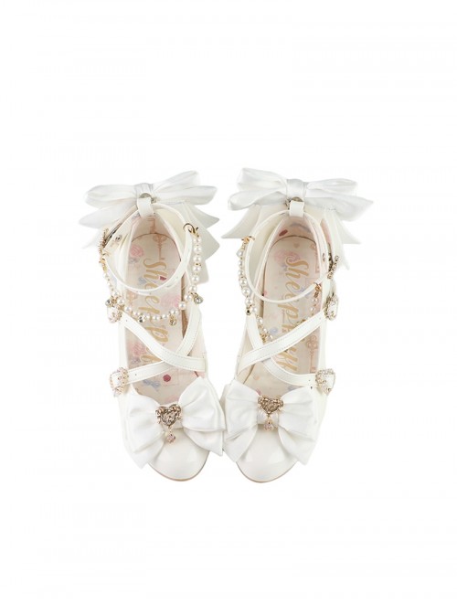 Witch Key Series Sweet Lolita Elegant Satin Large Bowknot Pearl Chain Pointed Toe High Heel Shoes