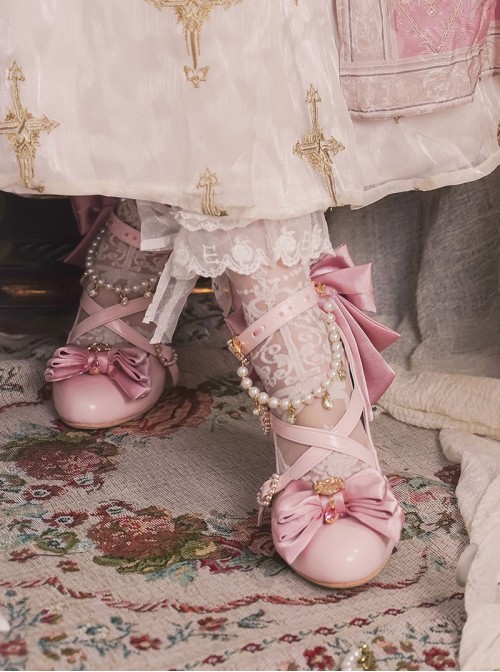 Witch Key Series Sweet Lolita Elegant Satin Large Bowknot Pearl Chain Pointed Toe High Heel Shoes