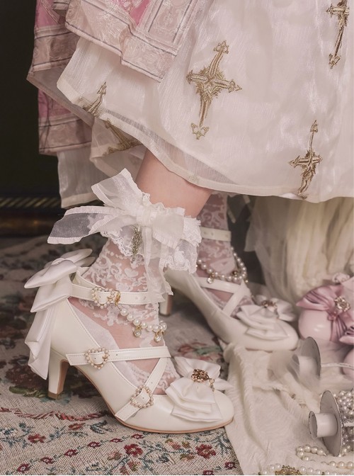 Witch Key Series Sweet Lolita Elegant Satin Large Bowknot Pearl Chain Pointed Toe High Heel Shoes