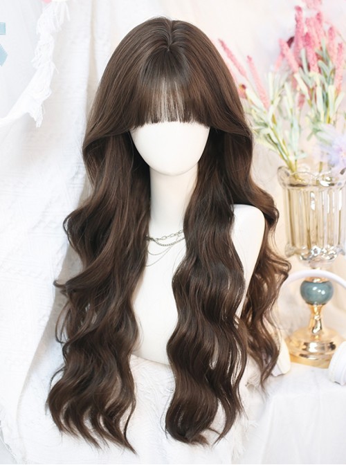 Sweet Lolita Daily Japanese Style Air Bangs Classic Dark Brown Color Big Wave Long Curly Wig