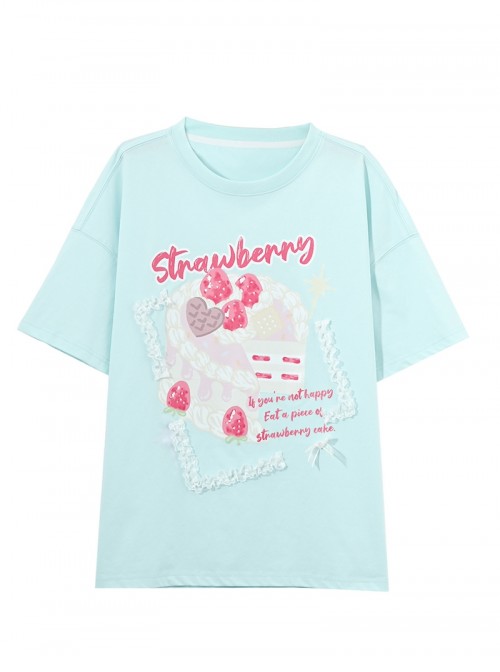 Summer Cool Mint Green Kawaii Fashion Loose Comfortable Cake Print Lace Spliced Short Sleeve T-Shirt