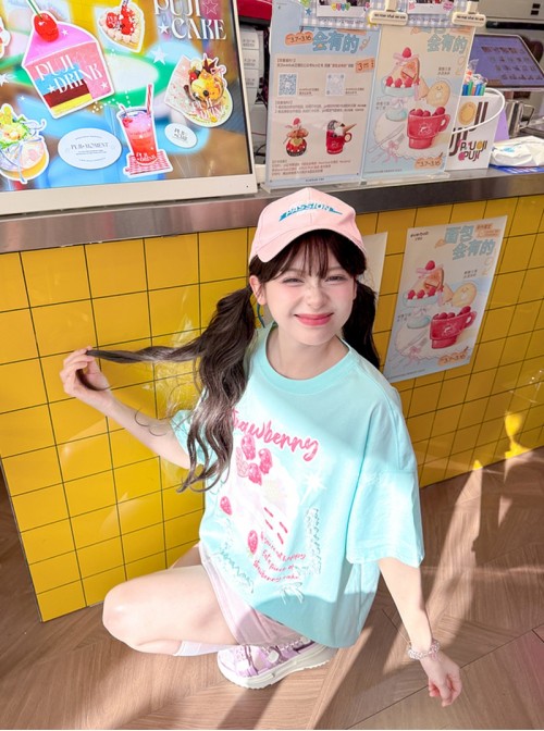 Summer Cool Mint Green Kawaii Fashion Loose Comfortable Cake Print Lace Spliced Short Sleeve T-Shirt