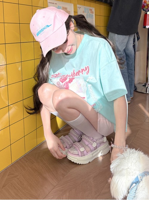 Summer Cool Mint Green Kawaii Fashion Loose Comfortable Cake Print Lace Spliced Short Sleeve T-Shirt