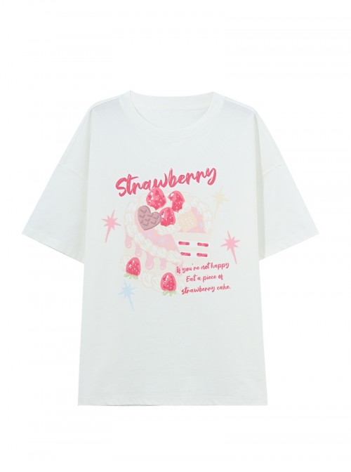 Daily Kawaii Fashion Loose Comfortable White Cake Print Lace Spliced Short Sleeve T-Shirt