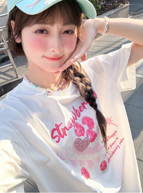 Daily Kawaii Fashion Loose Comfortable White Cake Print Lace Spliced Short Sleeve T-Shirt