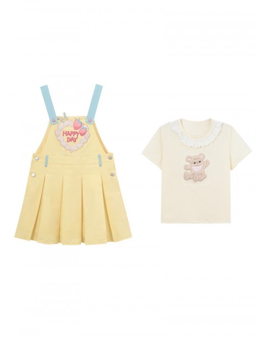 Summer Kawaii Fashion Yellow Energetic Girl Cake Embroidered Cotton Pinafore Dress Bear Collar T-Shirt Set