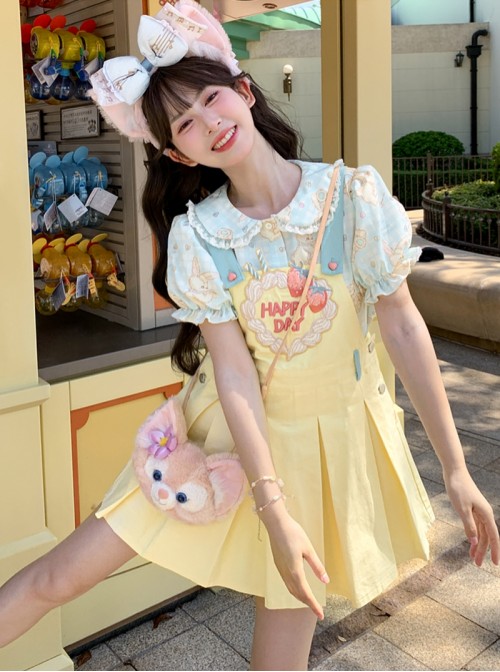 Summer Kawaii Fashion Yellow Energetic Girl Cake Embroidered Cotton Pinafore Dress Bear Collar T-Shirt Set