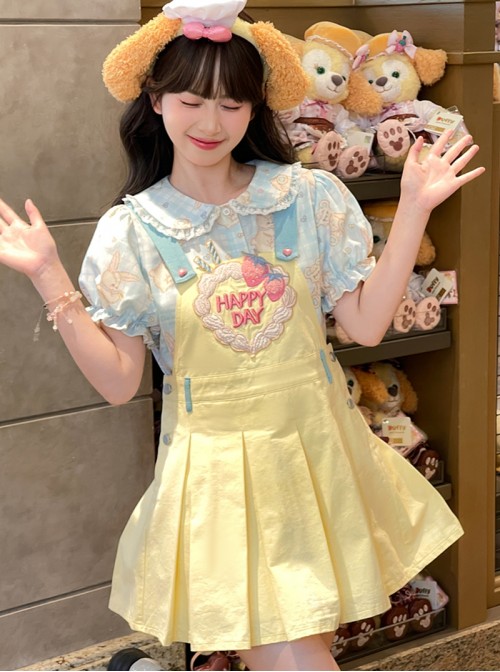 Summer Kawaii Fashion Yellow Energetic Girl Cake Embroidered Cotton Pinafore Dress Bear Collar T-Shirt Set