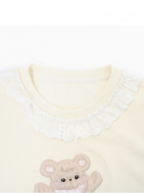 Summer Kawaii Fashion Yellow Energetic Girl Cake Embroidered Cotton Pinafore Dress Bear Collar T-Shirt Set