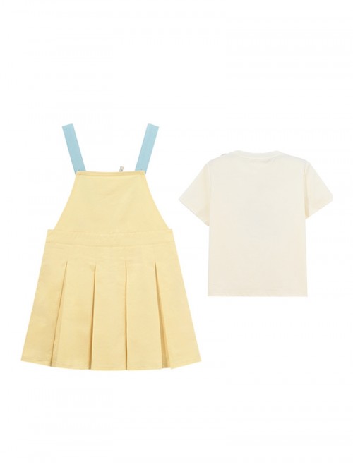 Summer Kawaii Fashion Yellow Energetic Girl Cake Embroidered Cotton Pinafore Dress Bear Collar T-Shirt Set