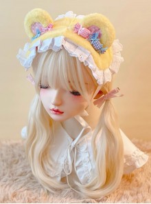Sweet Cute Childlike Kawaii Fashion Yellow Plush Bear Ears Candy Lace Headband