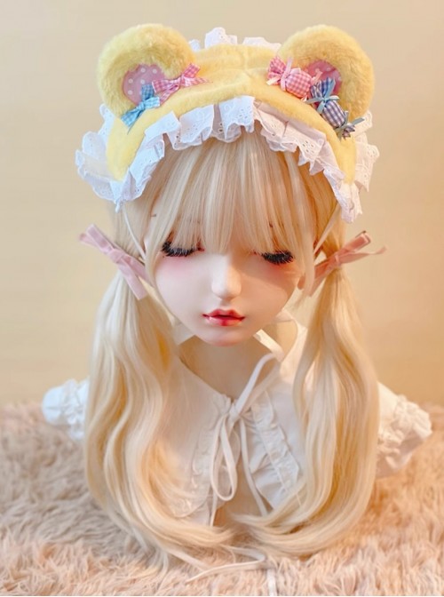 Sweet Cute Childlike Kawaii Fashion Yellow Plush Bear Ears Candy Lace Headband