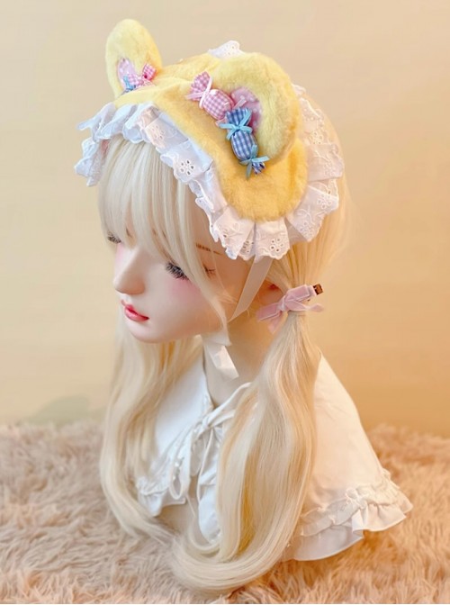 Sweet Cute Childlike Kawaii Fashion Yellow Plush Bear Ears Candy Lace Headband