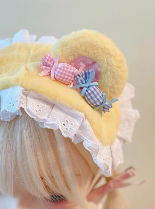 Sweet Cute Childlike Kawaii Fashion Yellow Plush Bear Ears Candy Lace Headband
