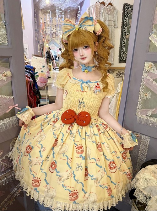 Ribbon Cat Series Sweet Lolita Japanese Showa Style Bright Cake Print Bubble Sleeve Dress