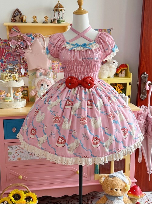 Ribbon Cat Series Sweet Lolita Japanese Showa Style Bright Cake Print Bubble Sleeve Dress