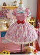 Ribbon Cat Series Sweet Lolita Japanese Showa Style Bright Cake Print Bubble Sleeve Dress