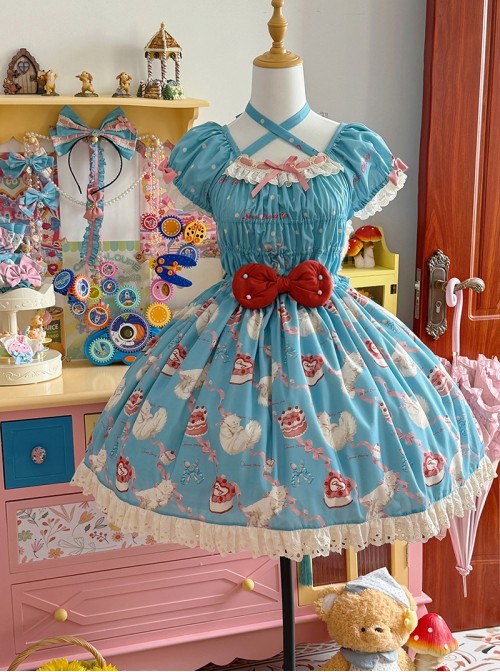 Ribbon Cat Series Sweet Lolita Japanese Showa Style Bright Cake Print Bubble Sleeve Dress
