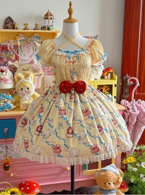 Ribbon Cat Series Sweet Lolita Japanese Showa Style Bright Cake Print Bubble Sleeve Dress