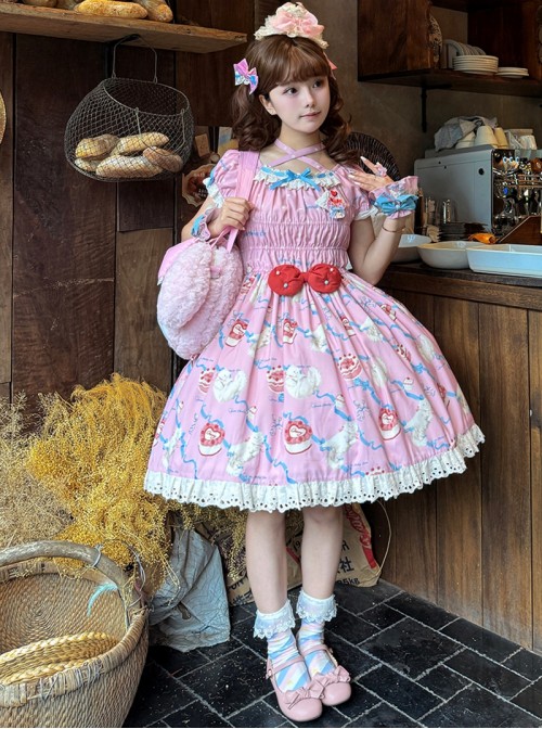 Ribbon Cat Series Sweet Lolita Japanese Showa Style Bright Cake Print Bubble Sleeve Dress