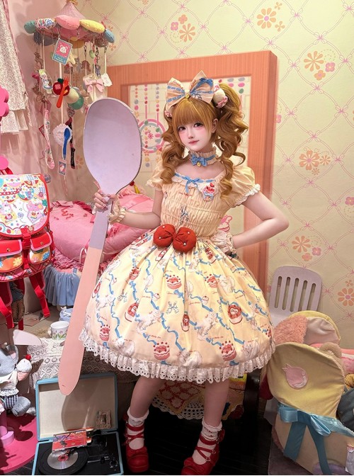 Ribbon Cat Series Sweet Lolita Japanese Showa Style Bright Cake Print Bubble Sleeve Dress