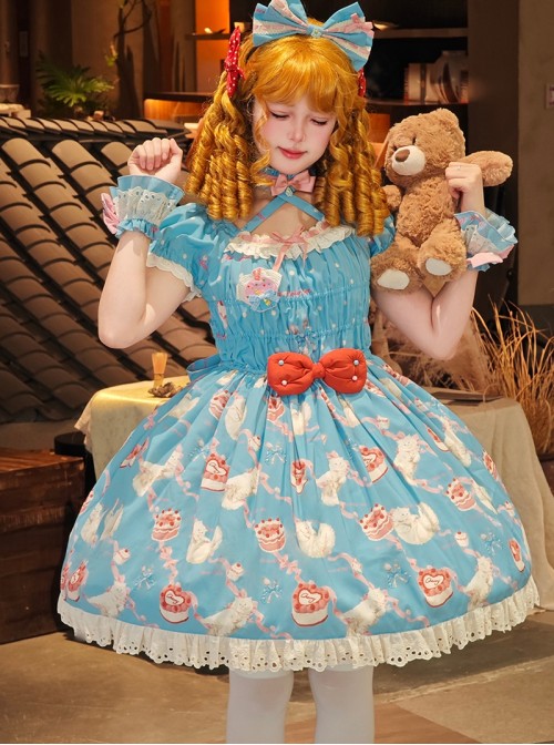 Ribbon Cat Series Sweet Lolita Japanese Showa Style Bright Cake Print Bubble Sleeve Dress