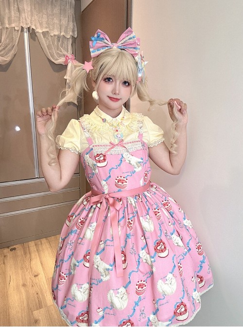 Ribbon Cat Series Sweet Lolita Daily Japanese Showa Retro Style Printed Sleeveless Dress