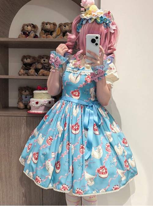Ribbon Cat Series Sweet Lolita Daily Japanese Showa Retro Style Printed Sleeveless Dress