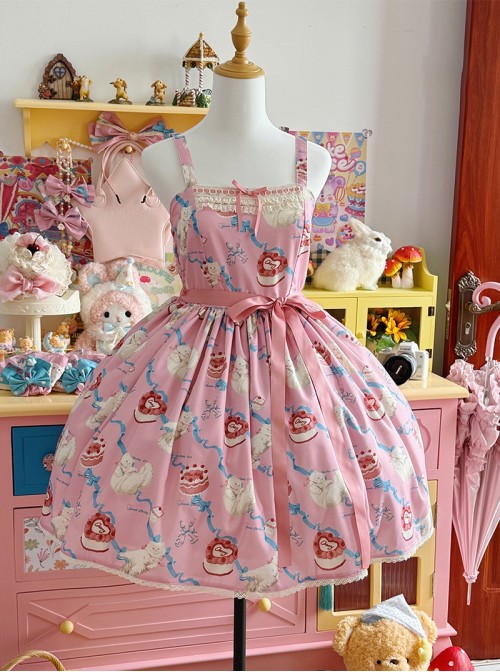 Ribbon Cat Series Sweet Lolita Daily Japanese Showa Retro Style Printed Sleeveless Dress