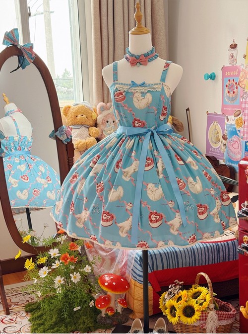 Ribbon Cat Series Sweet Lolita Daily Japanese Showa Retro Style Printed Sleeveless Dress