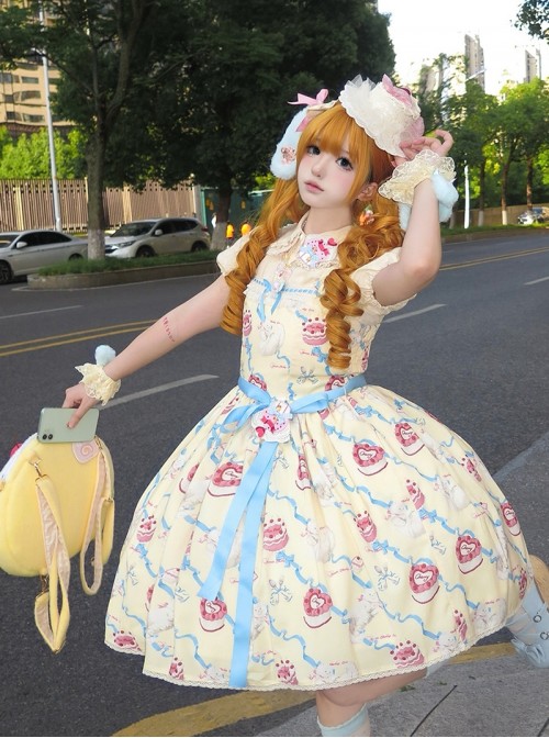 Ribbon Cat Series Sweet Lolita Daily Japanese Showa Retro Style Printed Sleeveless Dress