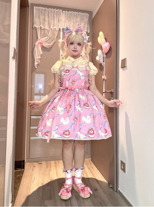 Ribbon Cat Series Sweet Lolita Daily Japanese Showa Retro Style Printed Sleeveless Dress